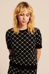 Women - Short Sleeve Jacquard Pullover, Black front worn view