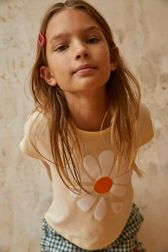 Filles - T-shirt fille motif fleur, Jaune clair vue portée de face