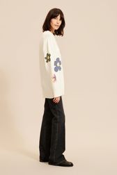 Women - Long Sleeve Sweater with Floral Pattern, Ecru details view 1