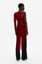Women Mesh Asymmetric Slit Long Dress Red back worn view