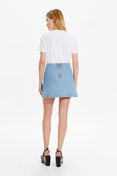 Women Stonewashed - Women Denim Mini Skirt, Stonewashed indigo back worn view