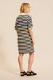 Women - Oversized Polo Dress with multicolored stripes, Night blue back worn view