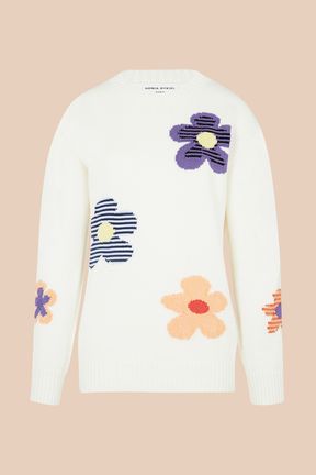 Women - Long Sleeve Sweater with Floral Pattern, Ecru front view