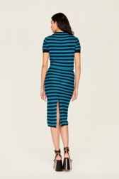 Women Raye - Women Poor Boy Striped Wool Maxi Skirt, Striped black/pruss.blue back worn view