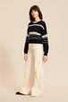Women - Long sleeve Pullover with openwork details and multicolored stripes
, Night blue front worn view