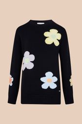 Women - Long Sleeve Sweater with Floral Pattern, Black front view