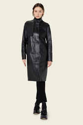 Femme Uni - Manteau long col montant en cuir noir, Noir vue de détail 1