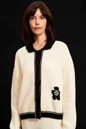 Femme - Veste en coton tricoté à col et finitions contrastantes, Ecru vue de détail 2