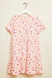 Girls - Heart and Watermelon Print Girl Short Dress, Pink front view
