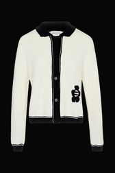 Women - Cotton knit jacket with contrasting collar and trim, Ecru front view