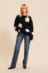 Women - Long Sleeve Sweater with Floral Pattern, Black front worn view