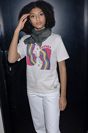 Girls Solid - Printed Cotton Girl Oversized T-shirt - Bonton x Sonia Rykiel, Ecru front worn view