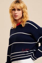 Women - Ivory Pullover with fine stripes and contrasting collar, Black/blue details view 2