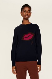 Women Lip Print Sweater Night blue front worn view
