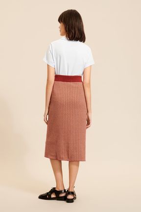 Women - Mi-Long Signature Skirt with Geometric patterns, Brun back worn view
