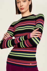 Women Maille - Women Multicolor Striped Sweater, Multico black striped details view 2