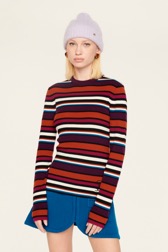 Women Ribbed Wool Sweater Multico striped front worn view