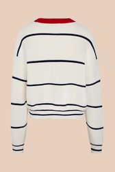 Women - Ivory Pullover with fine stripes and contrasting collar, Ecru back view