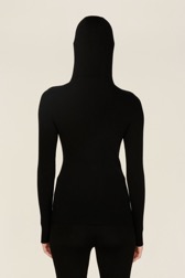 Femme Maille - Hoodie laine côtelée femme, Noir vue portée de dos