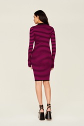 Women Rib Sock Knit Striped Maxi Dress Black/fuchsia back worn view