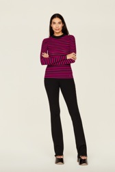 Women Multicoloured Striped Rib Sock Knit Sweater Black/fuchsia front worn view