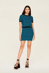 Women Raye - Women Rib Sock Knit Striped Mini Skirt, Striped black/pruss.blue front worn view