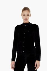 Women Solid - Women Velvet Cardigan, Black front worn view