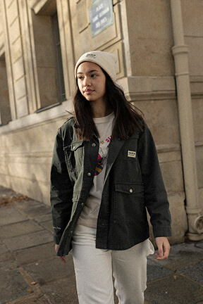 Girls Solid - Girl Printed Military Jacket - Bonton x Sonia Rykiel, Khaki front worn view