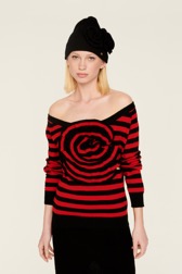 Femme Maille - Pull laine rayé fleur en relief femme, Noir/rouge vue de détail 1