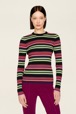 Women Maille - Women Multicolor Striped Sweater, Multico black striped front worn view