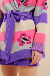 Women - Belted Cardigan with Multicolored Stripes, Lilac details view 2
