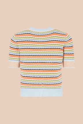 Women - Women Pastel Multicolor Striped Short Sleeve Sweater, Multico back view