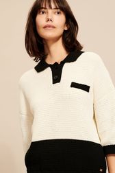 Polo oversize coton tricoté finitions contrastantes femme Ecru vue de détail 2