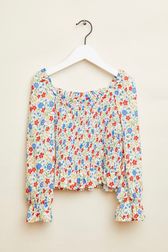 Girls - Floral Print Girl Blouse with Balloon Sleeves, Multico back view