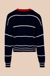 Women - Ivory Pullover with fine stripes and contrasting collar, Black/blue back view