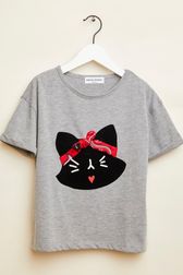 T-shirt fille motif chat Gris vue de face