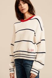 Women - Pullover with fine stripes and contrasting collar, Ecru front worn view