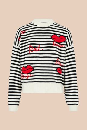 Women - Women Striped Signature Mouth Print Sweater, Black/white front view