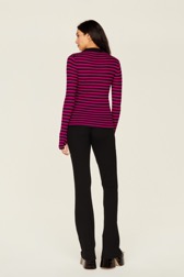 Women Raye - Women Multicoloured Striped Rib Sock Knit Sweater, Black/fuchsia back worn view