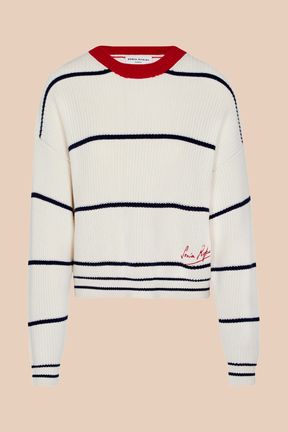 Women - Pullover with fine stripes and contrasting collar, Ecru front view