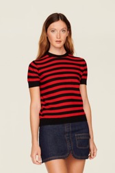 Women Poor Boy Striped Short Sleeve Sweater Black/red details view 1