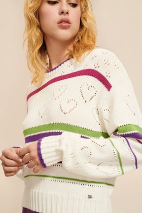 Women - Long sleeve Pullover with openwork details and multicolored stripes, Ecru details view 1