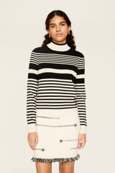 Women Maille - Bicolored Striped Iconic Sweater, Black/white front worn view