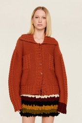 Women Two-Tone Knitted Bomber Jacket Red front worn view