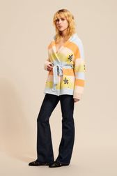 Women - Women Multicolor Pastel Striped Belted Cardigan, Multico front worn view
