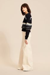 Women - Long sleeve Pullover with openwork details and multicolored stripes, Night blue details view 1