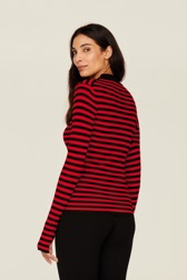 Women Raye - Women Multicoloured Striped Rib Sock Knit Sweater, Black/red back worn view