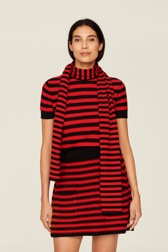 Women Raye - Women Poor Boy Striped Wool Scarf, Black/red front worn view