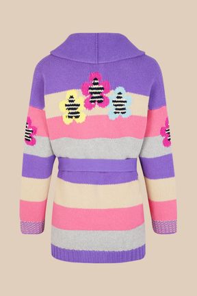 Women - Belted Cardigan with Multicolored Stripes, Lilac back view