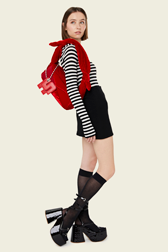 Women - Baguette Demi-Pull velvet bag, Red front worn view